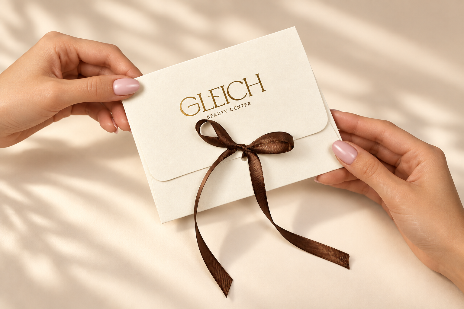 Gift Card Gleich en sobre ivory con cinta marrón